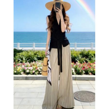 BY12937# 大方得体穿搭一整套巨好看的设计感绑带掐腰上衣阔腿裤两件套装女 服裝批發女裝批發服飾貨源