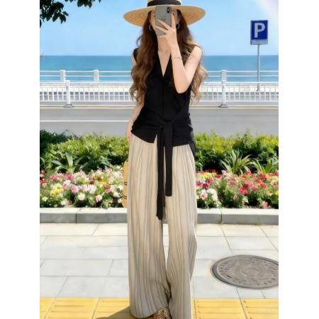 BY12937# 大方得体穿搭一整套巨好看的设计感绑带掐腰上衣阔腿裤两件套装女 服裝批發女裝批發服飾貨源