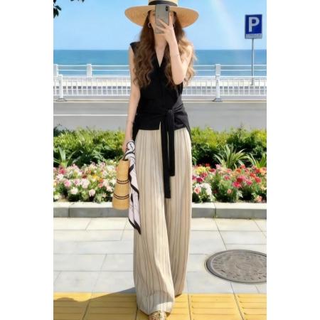 BY12937# 大方得体穿搭一整套巨好看的设计感绑带掐腰上衣阔腿裤两件套装女 服裝批發女裝批發服飾貨源