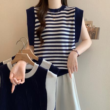 BY12938# 新款撞色小飞袖针织衫女胖MM夏季设计感小众气质百搭T恤上衣 服裝批發女裝批發服飾貨源