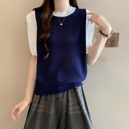 BY12938# 新款撞色小飞袖针织衫女胖MM夏季设计感小众气质百搭T恤上衣 服裝批發女裝批發服飾貨源