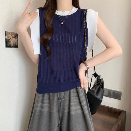 BY12938# 新款撞色小飞袖针织衫女胖MM夏季设计感小众气质百搭T恤上衣 服裝批發女裝批發服飾貨源