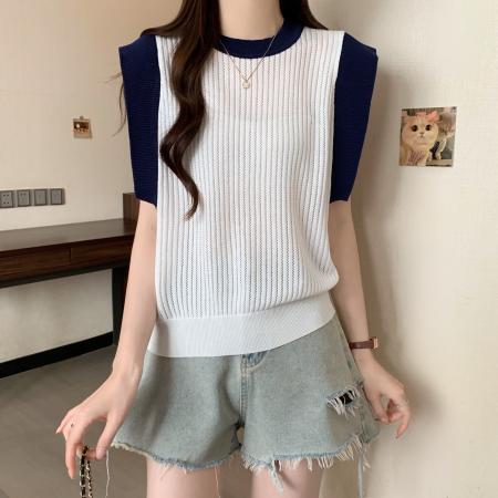 BY12938# 新款撞色小飞袖针织衫女胖MM夏季设计感小众气质百搭T恤上衣 服裝批發女裝批發服飾貨源