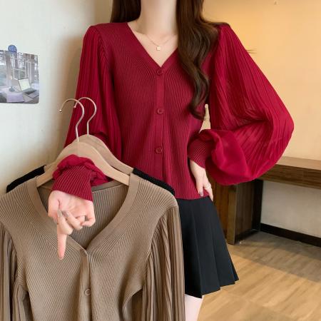 BY12939# 早春新年高级感V领针织打底衫女胖MM泡泡袖遮手臂显瘦上衣 服裝批發女裝批發服飾貨源