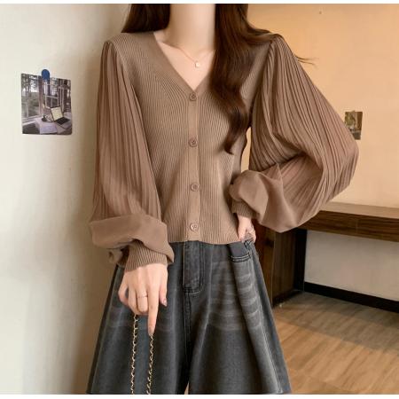 BY12939# 早春新年高级感V领针织打底衫女胖MM泡泡袖遮手臂显瘦上衣 服裝批發女裝批發服飾貨源