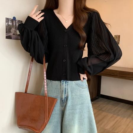 BY12939# 早春新年高级感V领针织打底衫女胖MM泡泡袖遮手臂显瘦上衣 服裝批發女裝批發服飾貨源