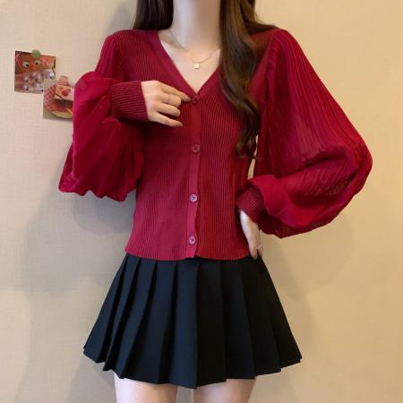 BY12939# 早春新年高级感V领针织打底衫女胖MM泡泡袖遮手臂显瘦上衣 服裝批發女裝批發服飾貨源