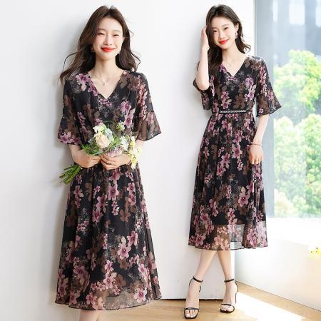 BY12941# 夏季薰衣草紫色温柔风穿搭女人味印花连衣裙 服裝批發女裝批發服飾貨源