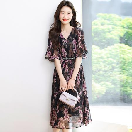 BY12941# 夏季薰衣草紫色温柔风穿搭女人味印花连衣裙 服裝批發女裝批發服飾貨源