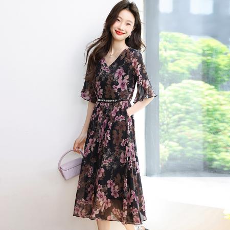 BY12941# 夏季薰衣草紫色温柔风穿搭女人味印花连衣裙 服裝批發女裝批發服飾貨源