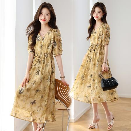 BY12946# 新款春夏气质温柔收腰显瘦碎花雪纺连衣裙女长裙 服裝批發女裝批發服飾貨源