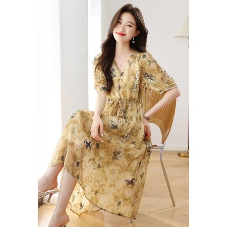 BY12946# 新款春夏气质温柔收腰显瘦碎花雪纺连衣裙女长裙 服裝批發女裝批發服飾貨源