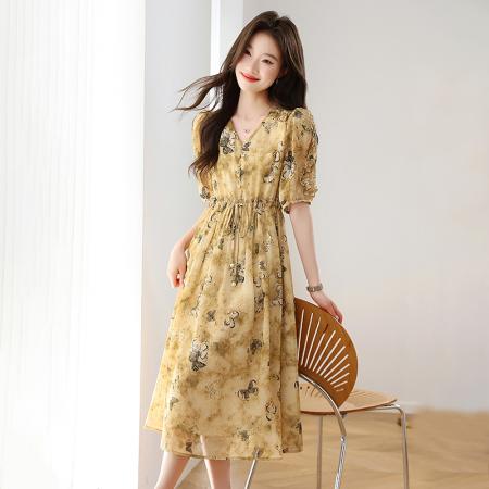 BY12946# 新款春夏气质温柔收腰显瘦碎花雪纺连衣裙女长裙 服裝批發女裝批發服飾貨源