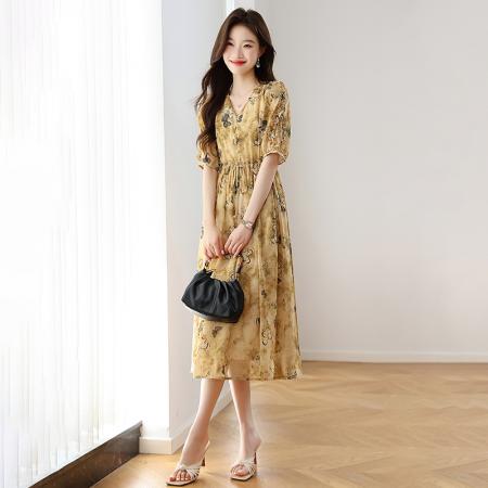 BY12946# 新款春夏气质温柔收腰显瘦碎花雪纺连衣裙女长裙 服裝批發女裝批發服飾貨源