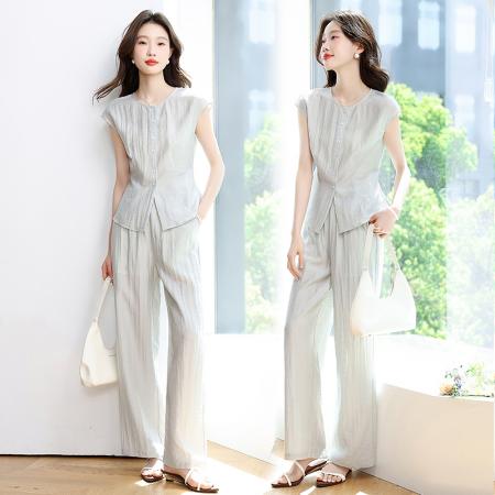 BY12947# 通勤圆领松弛感显瘦无袖上衣长裤两件套夏新款套装 服裝批發女裝批發服飾貨源