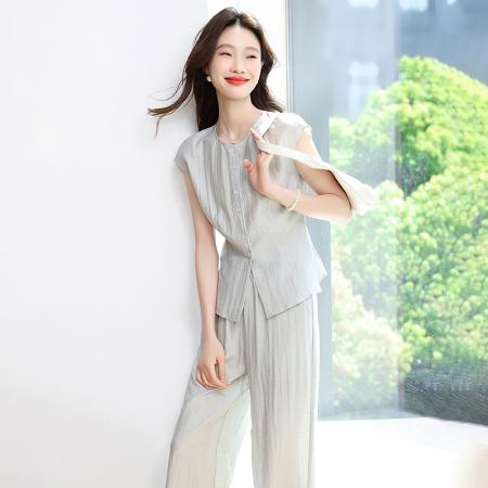 BY12947# 通勤圆领松弛感显瘦无袖上衣长裤两件套夏新款套装 服裝批發女裝批發服飾貨源