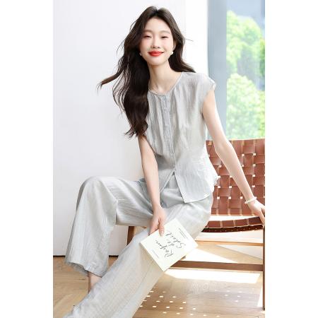 BY12947# 通勤圆领松弛感显瘦无袖上衣长裤两件套夏新款套装 服裝批發女裝批發服飾貨源