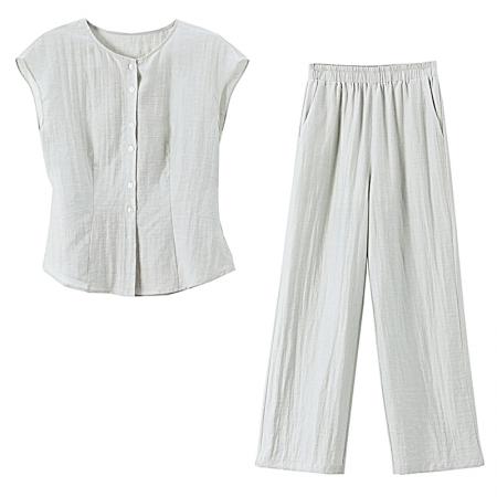 BY12947# 通勤圆领松弛感显瘦无袖上衣长裤两件套夏新款套装 服裝批發女裝批發服飾貨源