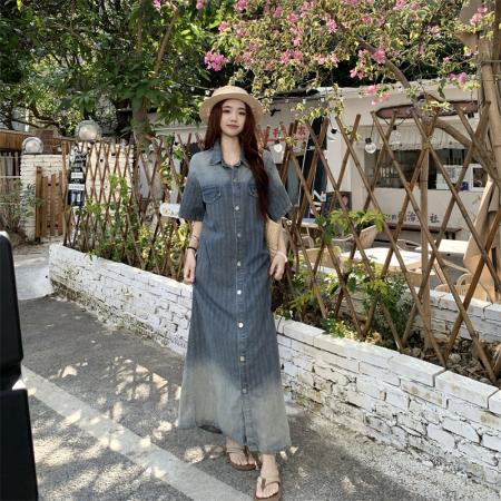 BY12949# 宽松慵懒渐变蓝色小众设计感气质长裙 服裝批發女裝批發服飾貨源