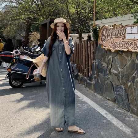 BY12949# 宽松慵懒渐变蓝色小众设计感气质长裙 服裝批發女裝批發服飾貨源