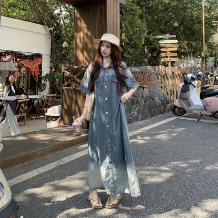 BY12949# 宽松慵懒渐变蓝色小众设计感气质长裙 服裝批發女裝批發服飾貨源