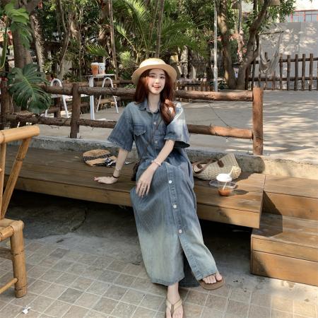 BY12949# 宽松慵懒渐变蓝色小众设计感气质长裙 服裝批發女裝批發服飾貨源