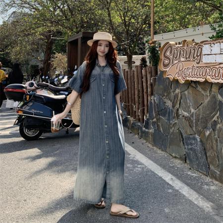 BY12949# 宽松慵懒渐变蓝色小众设计感气质长裙 服裝批發女裝批發服飾貨源