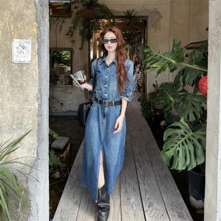 春季新款复古水洗前后开叉牛仔连衣裙 服裝批發女裝批發服飾貨源