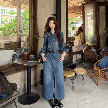 BY12950# 春季新款复古水洗前后开叉牛仔连衣裙 服裝批發女裝批發服飾貨源