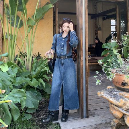 BY12950# 春季新款复古水洗前后开叉牛仔连衣裙 服裝批發女裝批發服飾貨源