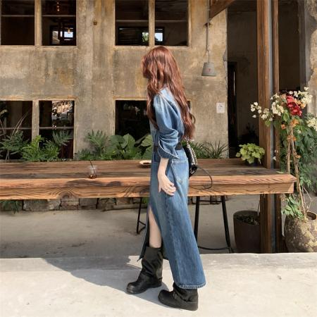 BY12950# 春季新款复古水洗前后开叉牛仔连衣裙 服裝批發女裝批發服飾貨源