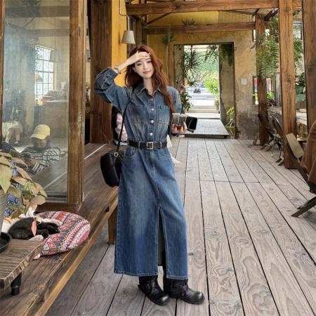 BY12950# 春季新款复古水洗前后开叉牛仔连衣裙 服裝批發女裝批發服飾貨源