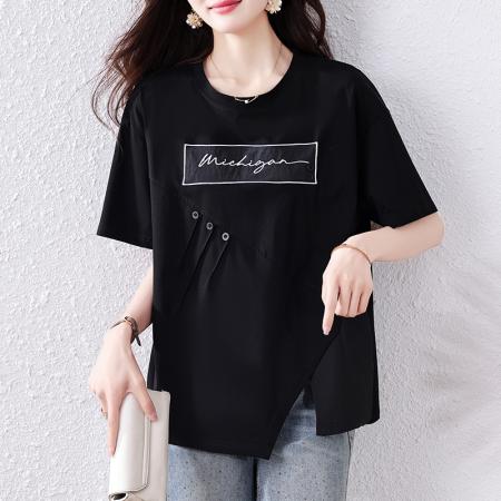 BY12951# 设计感欧货正肩短袖T恤女夏新款大码胖mm宽松遮肚不规则上衣 服裝批發女裝批發服飾貨源