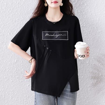 BY12951# 设计感欧货正肩短袖T恤女夏新款大码胖mm宽松遮肚不规则上衣 服裝批發女裝批發服飾貨源