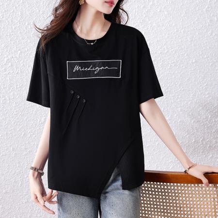 BY12951# 设计感欧货正肩短袖T恤女夏新款大码胖mm宽松遮肚不规则上衣 服裝批發女裝批發服飾貨源