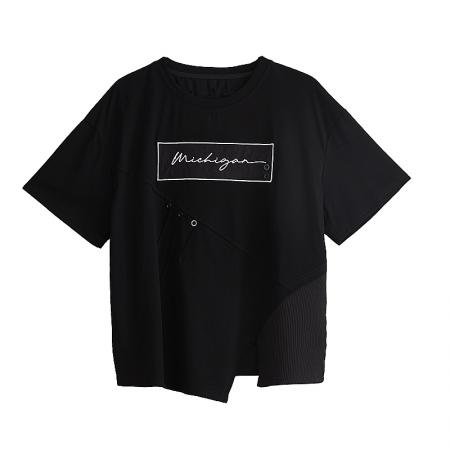 BY12951# 设计感欧货正肩短袖T恤女夏新款大码胖mm宽松遮肚不规则上衣 服裝批發女裝批發服飾貨源