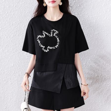 BY12952# 大码夏装不规则短袖t恤女胖mm时尚洋气独特别致假两件上衣 服裝批發女裝批發服飾貨源