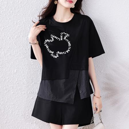 BY12952# 大码夏装不规则短袖t恤女胖mm时尚洋气独特别致假两件上衣 服裝批發女裝批發服飾貨源