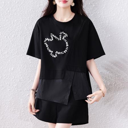 BY12952# 大码夏装不规则短袖t恤女胖mm时尚洋气独特别致假两件上衣 服裝批發女裝批發服飾貨源