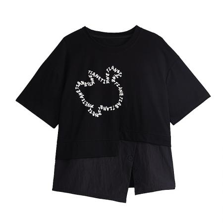 BY12952# 大码夏装不规则短袖t恤女胖mm时尚洋气独特别致假两件上衣 服裝批發女裝批發服飾貨源