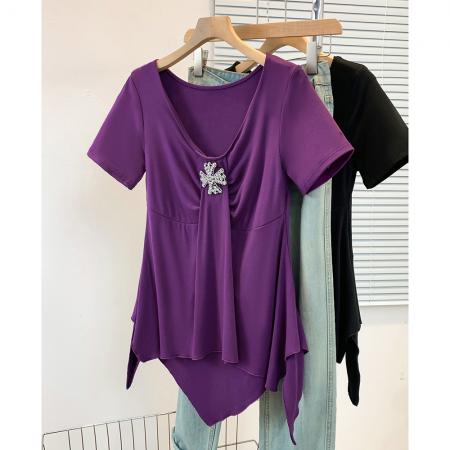 大码胖MM纯欲不规则针织T恤夏...