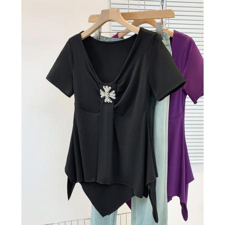 BY12954# 大码胖MM纯欲不规则针织T恤夏季新款收腰显瘦短袖上衣 服裝批發女裝批發服飾貨源