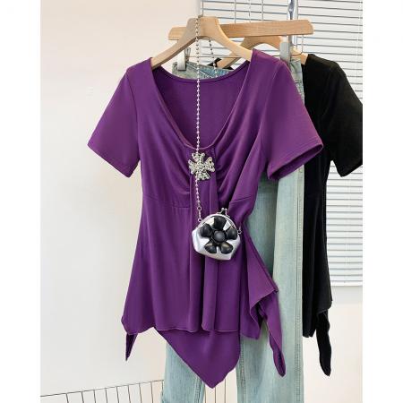 BY12954# 大码胖MM纯欲不规则针织T恤夏季新款收腰显瘦短袖上衣 服裝批發女裝批發服飾貨源