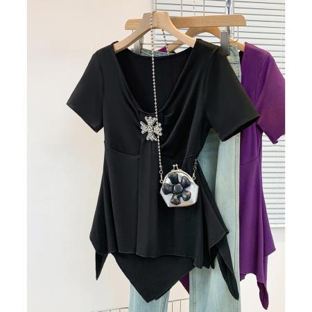 BY12954# 大码胖MM纯欲不规则针织T恤夏季新款收腰显瘦短袖上衣 服裝批發女裝批發服飾貨源