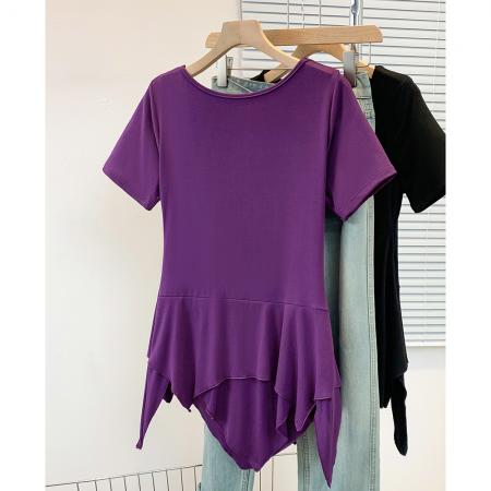 BY12954# 大码胖MM纯欲不规则针织T恤夏季新款收腰显瘦短袖上衣 服裝批發女裝批發服飾貨源