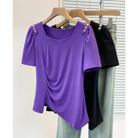 BY12955# 大码胖MM新款钉珠短袖t恤女夏季时尚气质修身显瘦上衣 服裝批發女裝批發服飾貨源