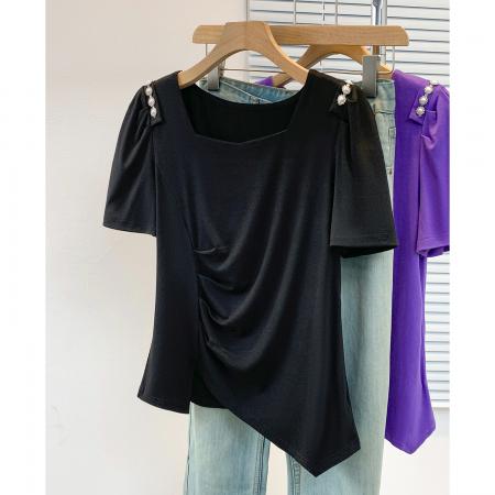 BY12955# 大码胖MM新款钉珠短袖t恤女夏季时尚气质修身显瘦上衣 服裝批發女裝批發服飾貨源