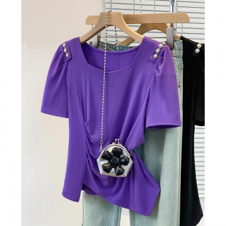 BY12955# 大码胖MM新款钉珠短袖t恤女夏季时尚气质修身显瘦上衣 服裝批發女裝批發服飾貨源