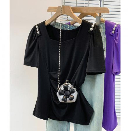 BY12955# 大码胖MM新款钉珠短袖t恤女夏季时尚气质修身显瘦上衣 服裝批發女裝批發服飾貨源