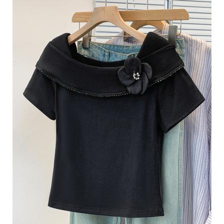 BY12956# 大码韩版时尚方领花朵短袖t恤女夏季气质显瘦荷叶边上衣 服裝批發女裝批發服飾貨源